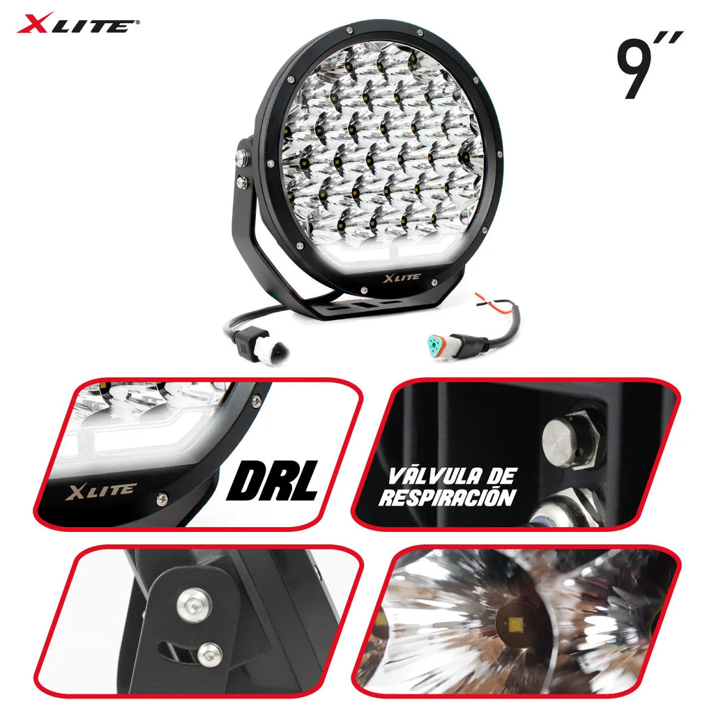 Halógeno de LED redondo con DRL de 9″ (UNIDAD) Blanco XLITE